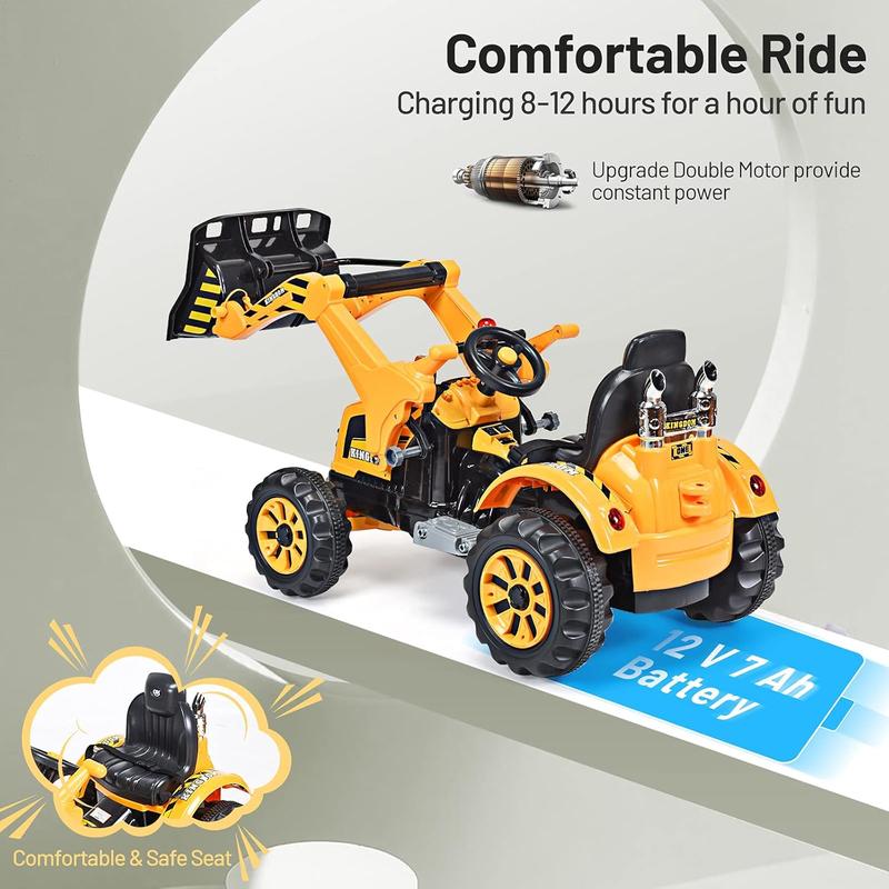 Black Friday-Ride on Tractor Excavator with Detachable Trailer, 6 12V Kids' Electric Vehicles w 3-Gear-Shift Ground Loader, Wireless Design & USB, 7 LED Headlights, Remote Control Tractor Toys for Kids 3+, Gift Idea