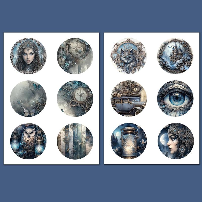 Fantasy Steampunk Theme Self Adhesive Sticker, 96pcs Round Scrapbooking & Journal Making Material Paper, Diy Decorative Sticker for Stationery Computer Water Bottle