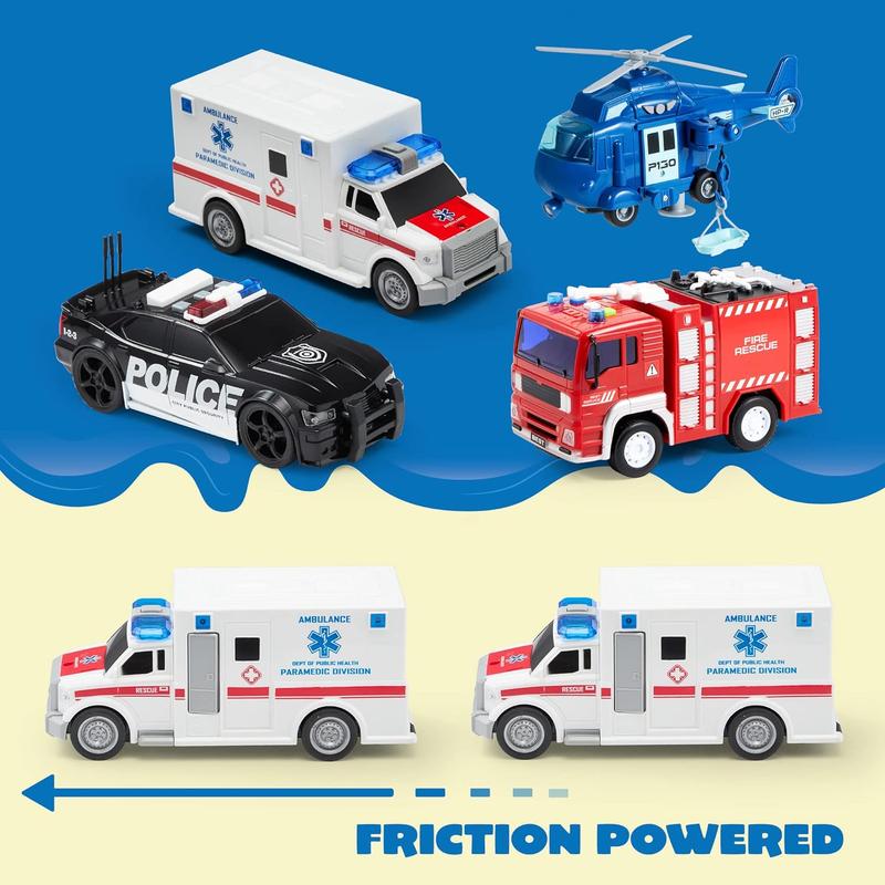  4 Packs Emergency Vehicle Toys with Light and Sound, Including Fire Truck, Ambulance Toy, Play Police Car and Toy Helicopter For Christmas New Year Gifts