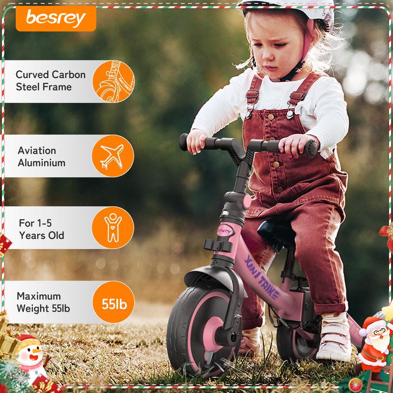 Besrey 7-in-1 Tricycle for kids pink tricycle steering handlebar foldable tricycle for children Large wheels removable pedals height-adjustable seat baby  car