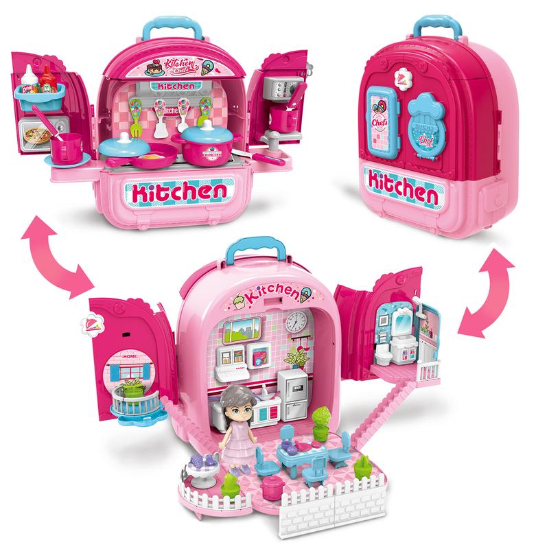 deAO 3-in-1 Kitchen Set,Pink Portable Doll House Pretend Play Food Backpack with Accessories, Great Gift Perfect for Christmas, Birthdays