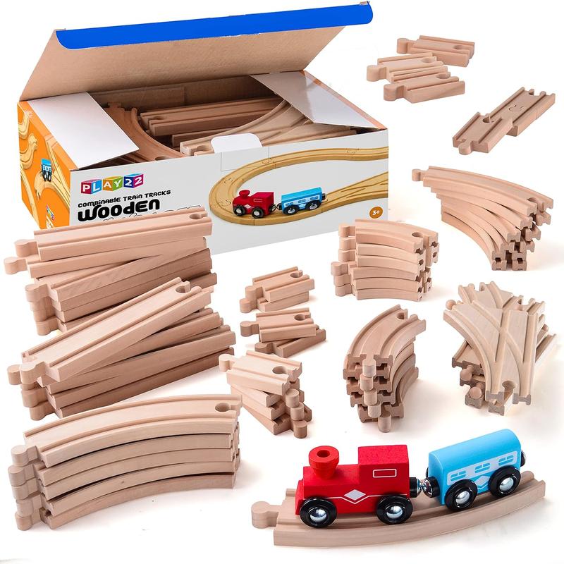 Wooden Train Tracks - 52 Pcs Wooden Train Set for Kids Plus 2 Bonus Toy Trains - Play22