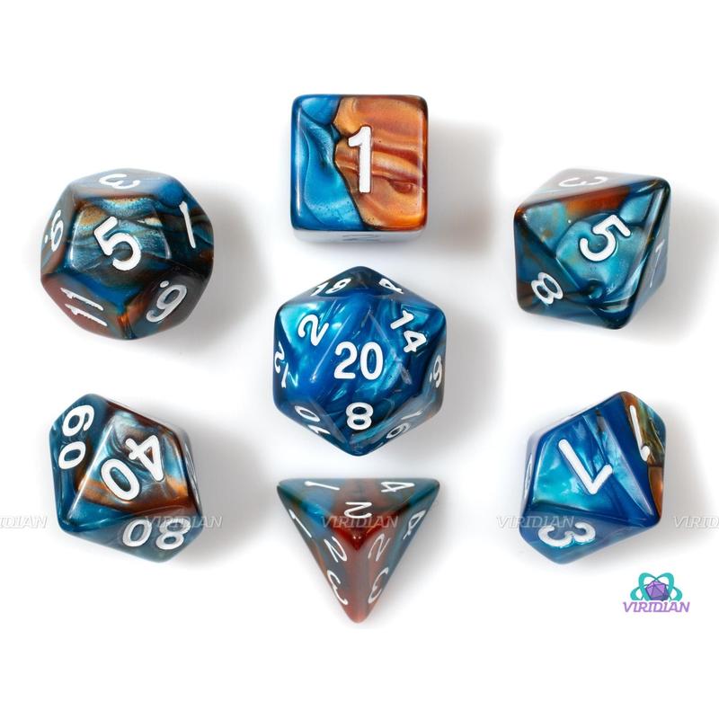 Sea Dragon | Orange & Blue Swirl Acrylic Dice Set (7) | Dungeons and Dragons (DnD)