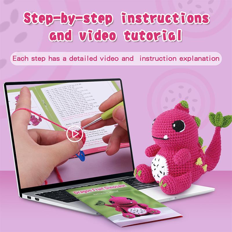 DIY Crochet Kit, 1 Set Dinosaur Crochet Starter Kit with Step-by-step Video Tutorial, Crochet Animal Kit for Beginners, DIY Crochet Supplies