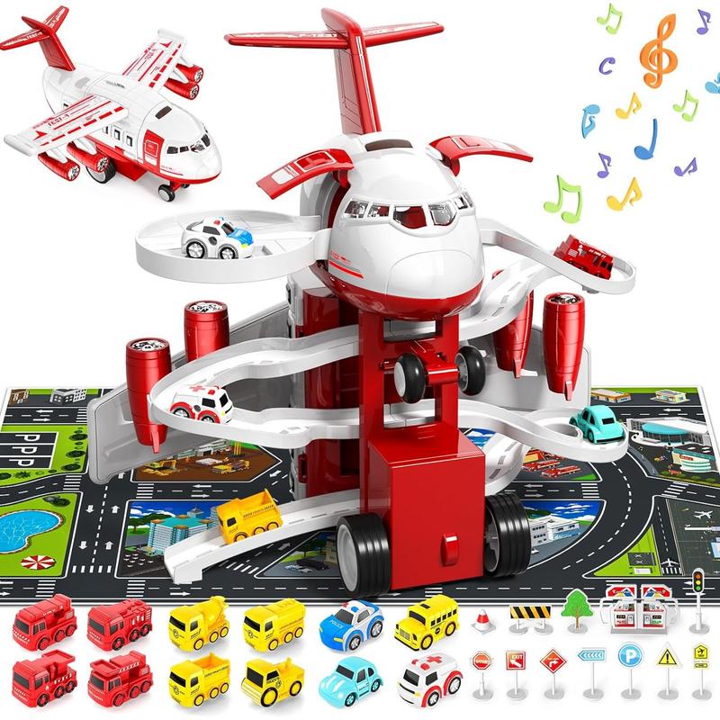 Transport Cargo Airplane Toys, Airplane Car Toy Play Set Includes Track, 12mini Play Vehicles, with Music and Light, which is Specially Designed Christmas Birthday Gift