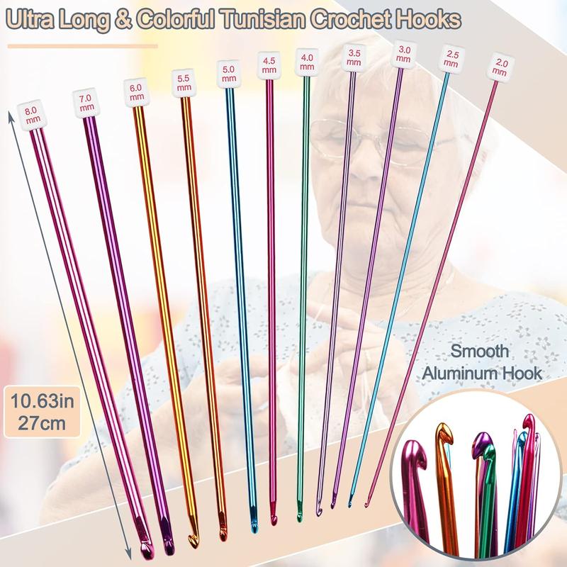 Set of Long Crochet Hooks, 11 Tunisian Crochet Hooks, Multi-Coloured Afghan Crochet  for Crocheting, 2 mm (B)-8 mm (L), Crochet Hooks Knitting Tools Set Ideal for Beginners and