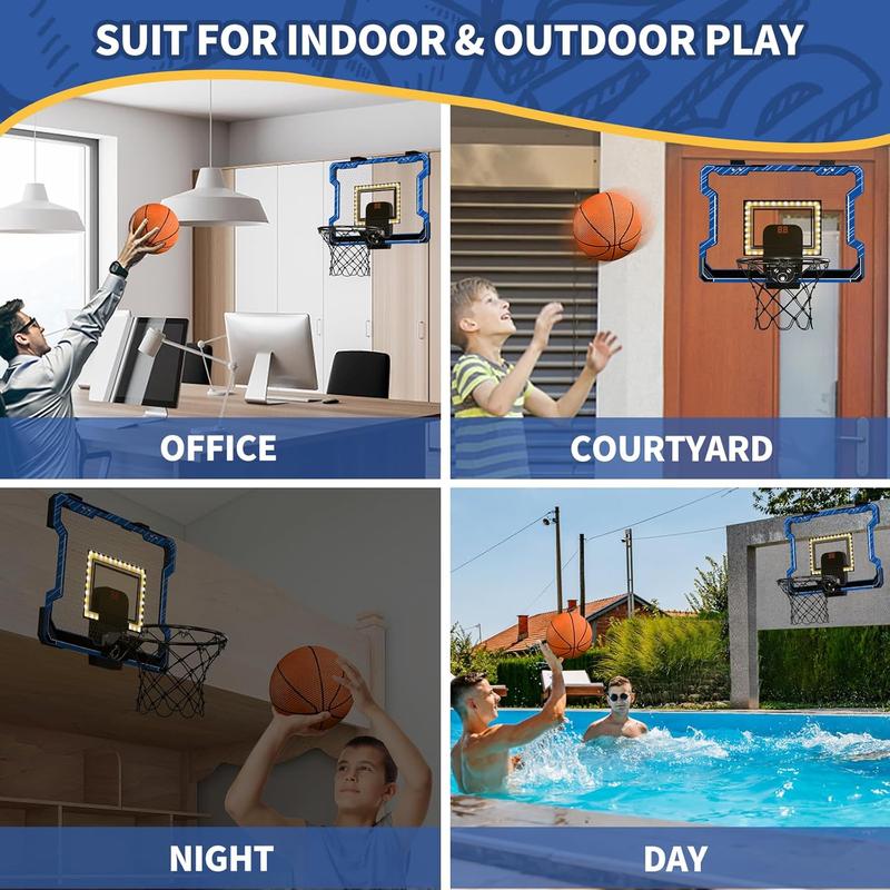 Mini Basketball Hoop Indoor with Scoreboard LED Light, Glow in The Dark Door Basketball Hoop, Basketball Toy Gifts for Kids Boys Girls Teens Adults, Suit for Bedroom Office Outdoor Pool, Blue