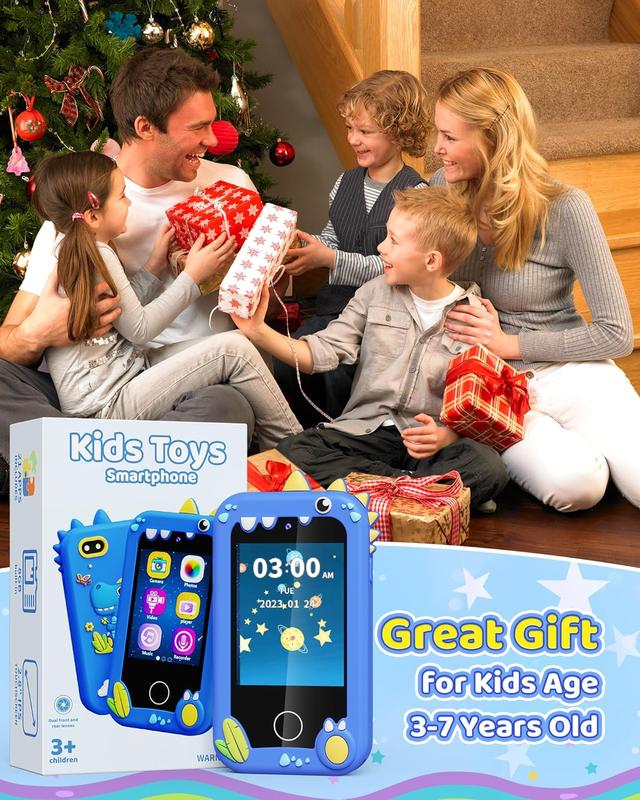 Kids Toy Smartphone, Gifts and Toys for Boys Ages 3-8 Years Old, Fake Play Toy Phone with Music Player Dual Camera Puzzle Games 8GB SD Card Touchscreen, Birthday, Kids Trip Activities