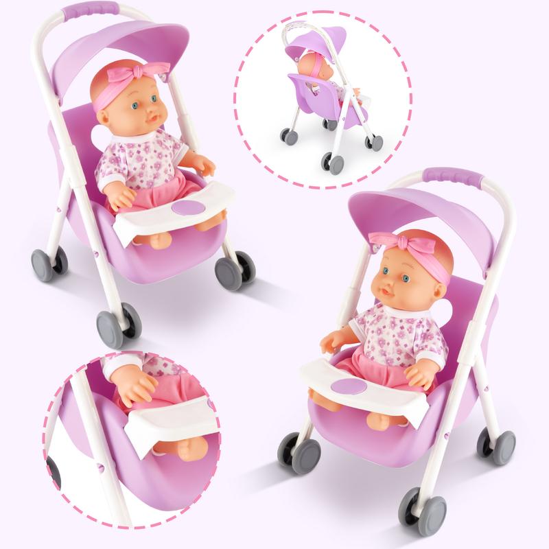 deAO Doll Set Play Set includes Miniature Crib, Mobile High Chair Stroller, 12PCS Doll Accessories, Great Pretend Play Gift