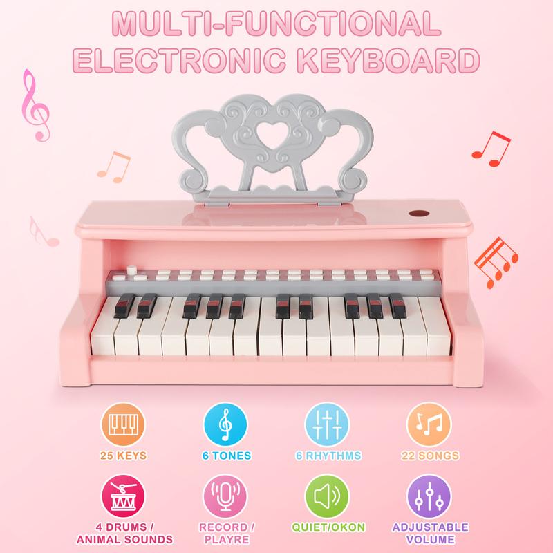 deAO Piano Toy Piano Keyboard Toy, 25 Keys Music Toy Instruments with Microphone, Piano Toys Birthday Xmas Gift, Pink