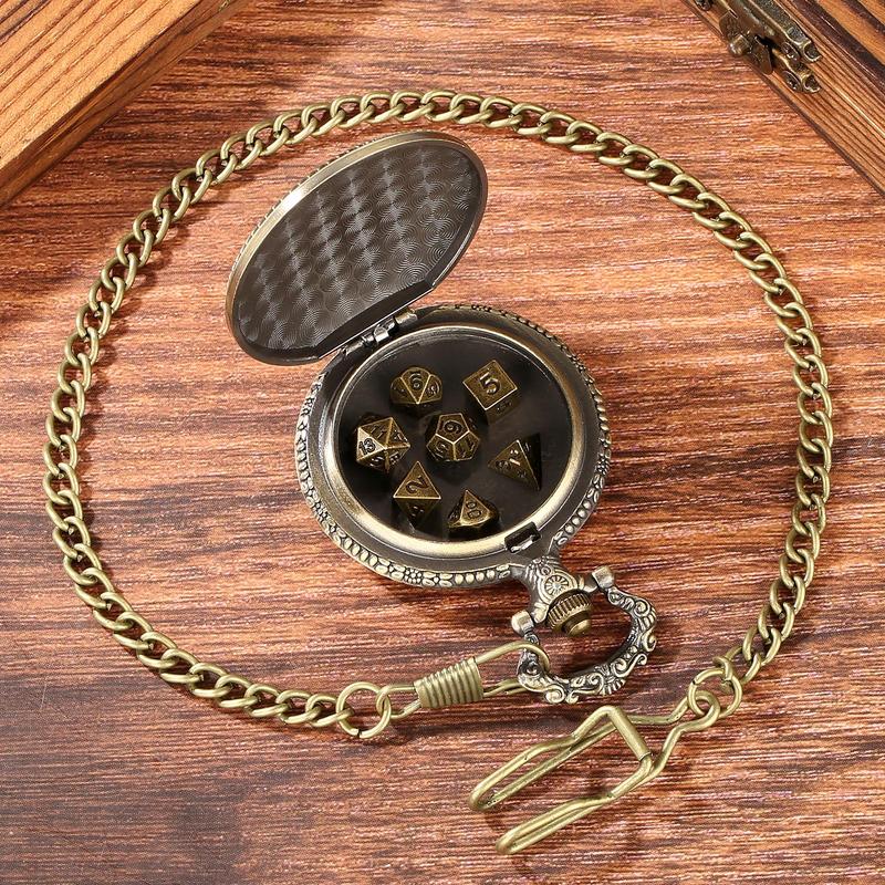 Dragon Pattern Pocket Watch & Dice Set, Including 1 Count Watch & 7 Counts Dice for Games, Role Playing Board Games Accessories