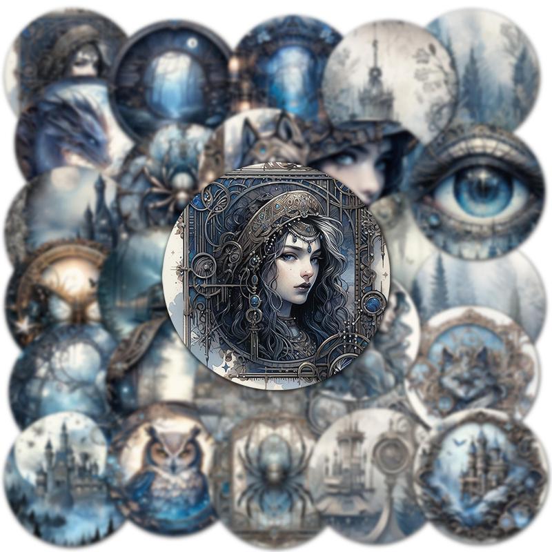 Fantasy Steampunk Theme Self Adhesive Sticker, 96pcs Round Scrapbooking & Journal Making Material Paper, Diy Decorative Sticker for Stationery Computer Water Bottle