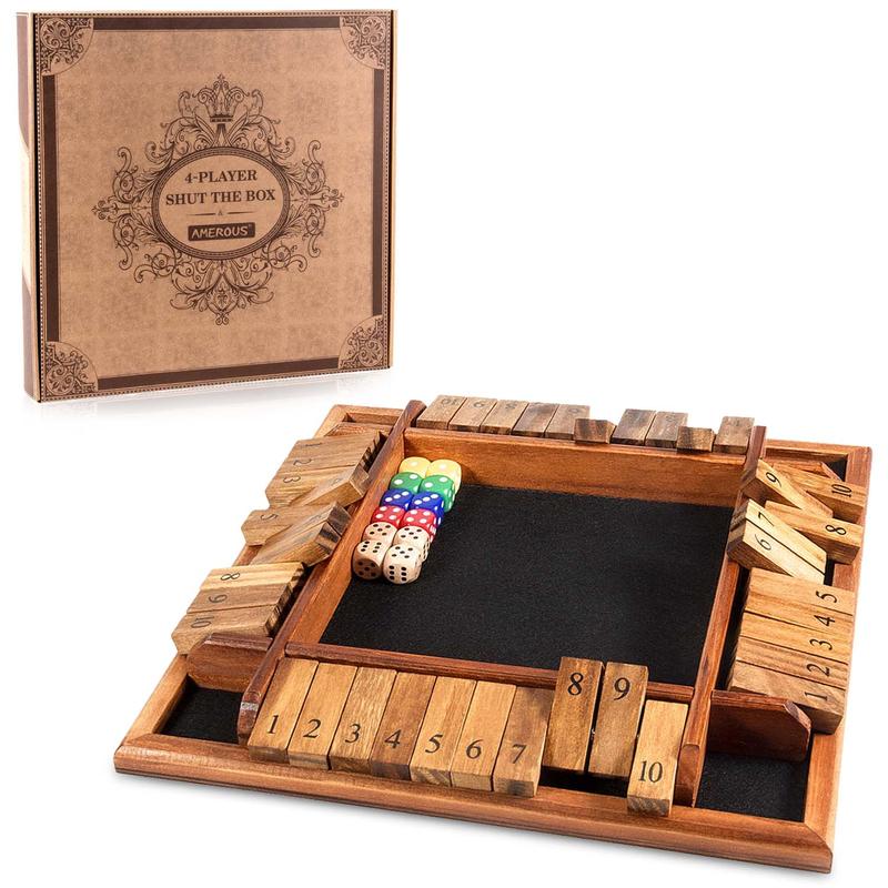 AMEROUS 1-4 Players Shut The Box Dice Game, Wooden Board Table Math Game with 12 Dice and Shut-The-Box Instructions for Kids Adults, Family Classroom Home or Pub (12 Inches)