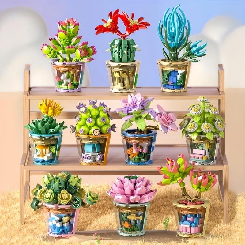 Mini Potted Flower Building Blocks (1 Box), Potted Succulent Building Blocks, Assembling Blocks Toys for Kids and Adults, Flower Building Block Home Decor