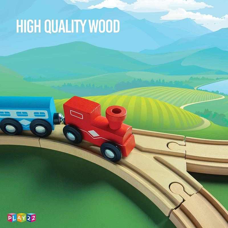 Wooden Train Tracks - 52 Pcs Wooden Train Set for Kids Plus 2 Bonus Toy Trains - Play22