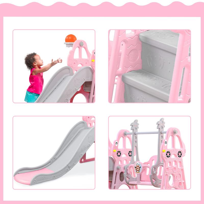 4-in-1 Toddler Slide and Swing Set with Extra Large Playground, Basketball Hoop & Climber, Indoor Outdoor Playset, Taxi Collection