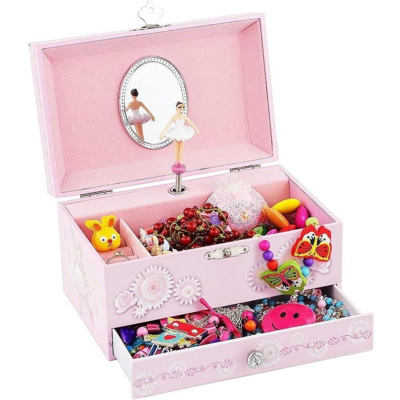 Musical Box with Drawer and Set with Ballerina Theme - Swan Lake Tune Pink