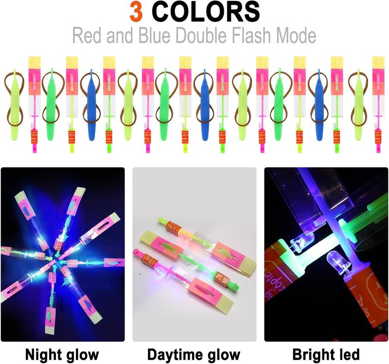 Flying Toys with LED Lights - 10Pcs LED Arrow Helicopters + 10Pcs Launchers - Summer Outdoor Game LED Slingshot Toy for Kids