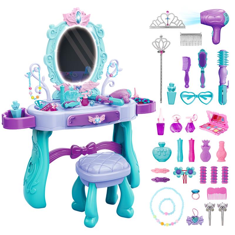 deAO Vanity Makeup Table Toy with Mirror & Chair, Vanity Playset with Lights,Pretend Play Makeup Toy with Hair Dryer Toy, Salon Set