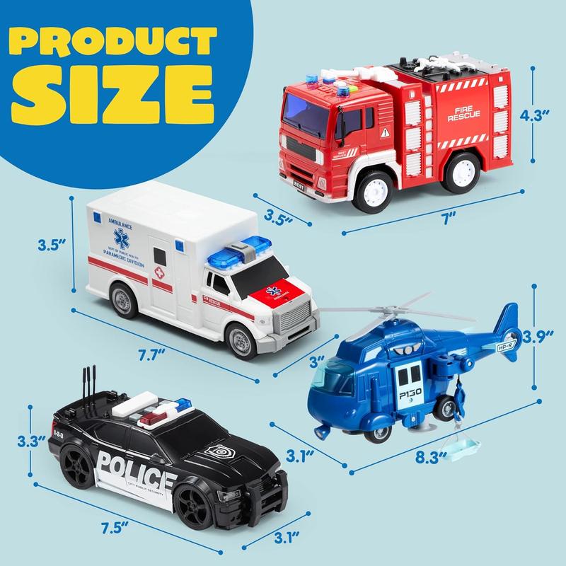  4 Packs Emergency Vehicle Toys with Light and Sound, Including Fire Truck, Ambulance Toy, Play Police Car and Toy Helicopter For Christmas New Year Gifts