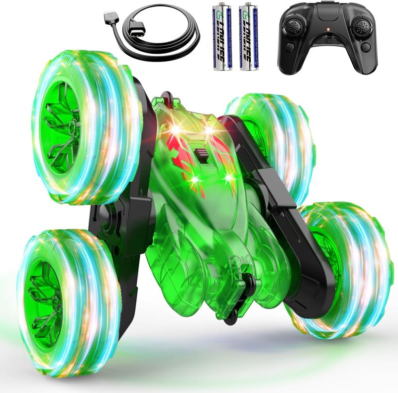 Remote Control Car-Rechargeable Fast Direct Charging RC Cars For Kids with Colorful Light,Double-Sided 360 Rotating RC Stunt Car 4WD RC Truck Car Toys for Ages 5-7 Gift for Boys Girls Aged 8-12 Green