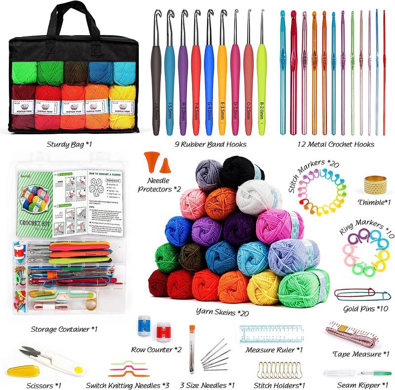 20 Large Acrylic Yarn Skeins-105 PCS Crochet Kit with Hooks Yarn Set, Premium Bundle Includes 2000 Yards Yarn Balls, Needles, Accessories, Ideal Starter Pack for Adults Beginner Professionals