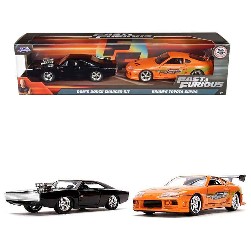 Dom's Dodge Charger R T Black and Brian's Toyota Supra Orange Set of 2 pieces 