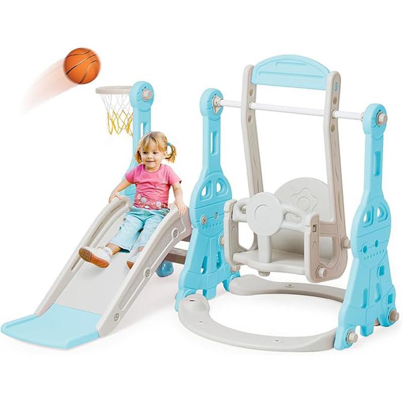 Toddler Slide and Swing Set 4 in 1 Baby Slide Climber Playse with Swing Slide Climber and Basketball Kids Slide and Swing Set Indoor Outdoor Backyard Baby Playground Toy for Toddlers (Pink Yellow Blue))