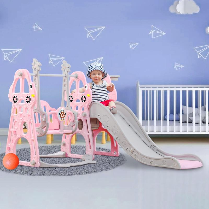 4-in-1 Toddler Slide and Swing Set with Extra Large Playground, Basketball Hoop & Climber, Indoor Outdoor Playset, Taxi Collection