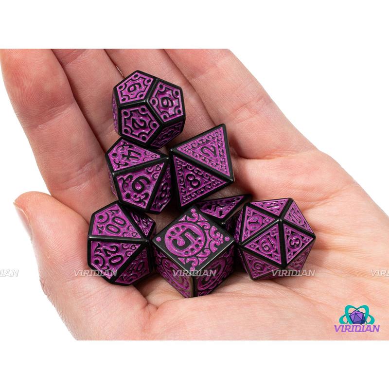 Magenta Flame | Black and Purple Ornate Design | Acrylic Dice Set (7)