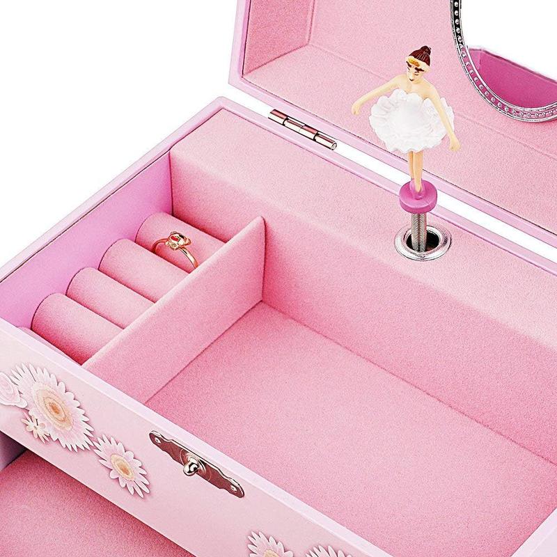 Musical Box with Drawer and Set with Ballerina Theme - Swan Lake Tune Pink