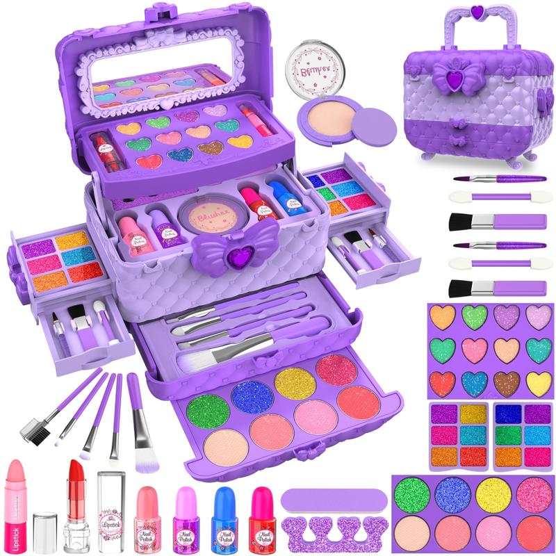 54 Pack Kids Makeup Kit for Girls, Princess Real Pretend Play Cosmetic Set Toys with Mirror, Birthday Gifts for 4 5 6 7 8 9 10 Years Old Girls Kids (Purple)