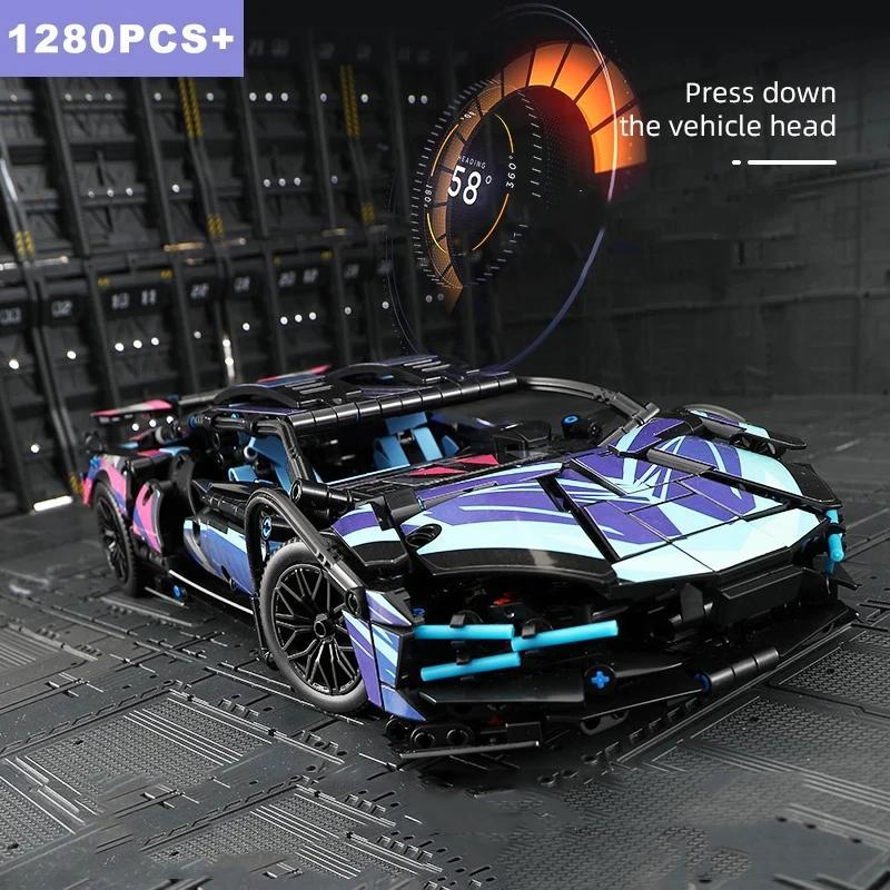 Cyberpunk Style Purple Racing Car Building Blocks Set, 1314pcs set MOC Assembly DIY Sports Car Model Kit, Creative Fun Toy