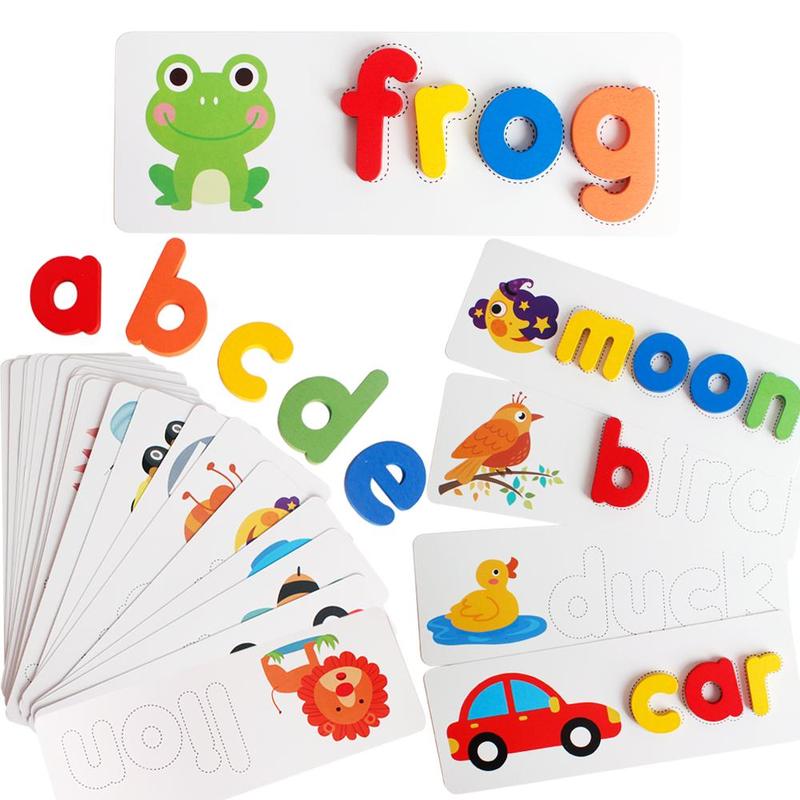 Wooden Alphabet Flash Cards, 1 Set Matching Shape Letters Word Puzzle Games, Creative Spelling Game Learning Toys for Home School