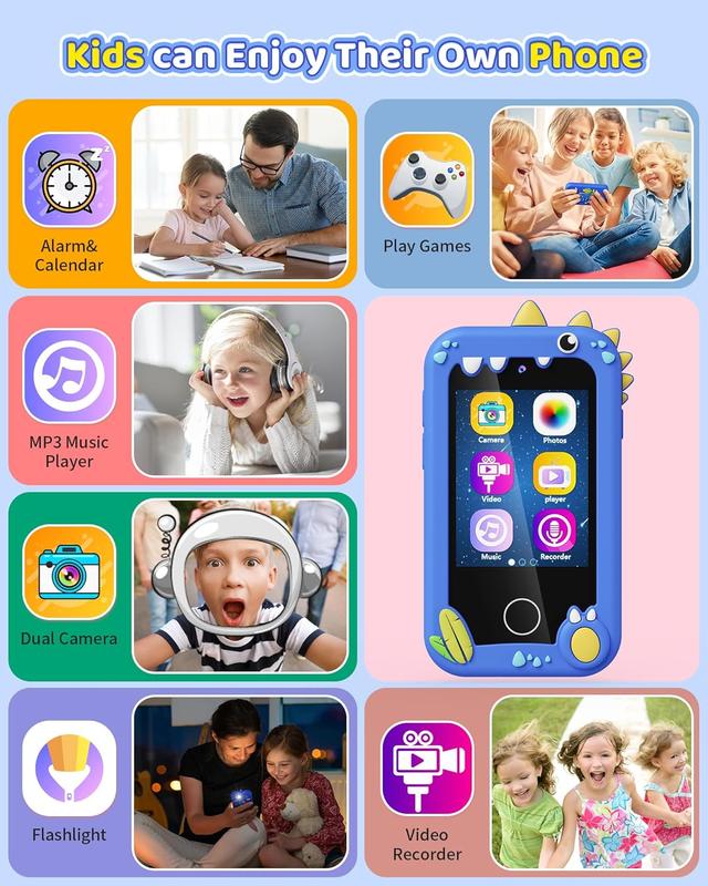 Kids Toy Smartphone, Gifts and Toys for Boys Ages 3-8 Years Old, Fake Play Toy Phone with Music Player Dual Camera Puzzle Games 8GB SD Card Touchscreen, Birthday, Kids Trip Activities