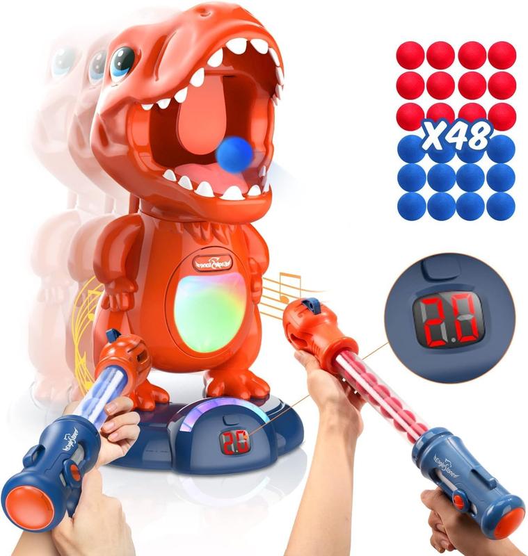 Movable DinosaurToy Set with 2 Air Pump , LED & Sound Effects, Score Record, 48 Foam Balls, Electronic Target Practice Game