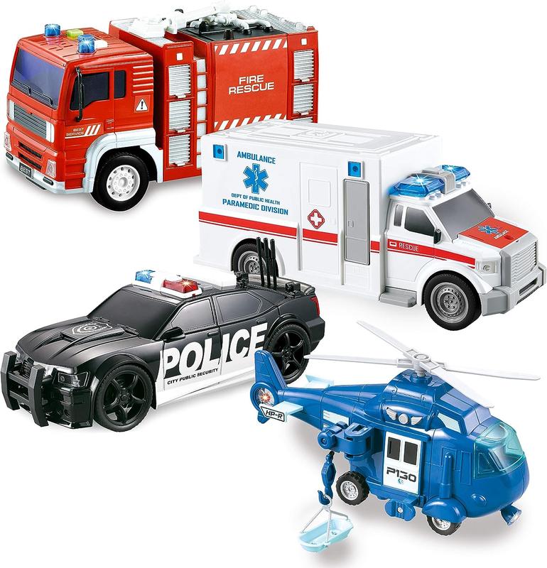  4 Packs Emergency Vehicle Toys with Light and Sound, Including Fire Truck, Ambulance Toy, Play Police Car and Toy Helicopter For Christmas New Year Gifts