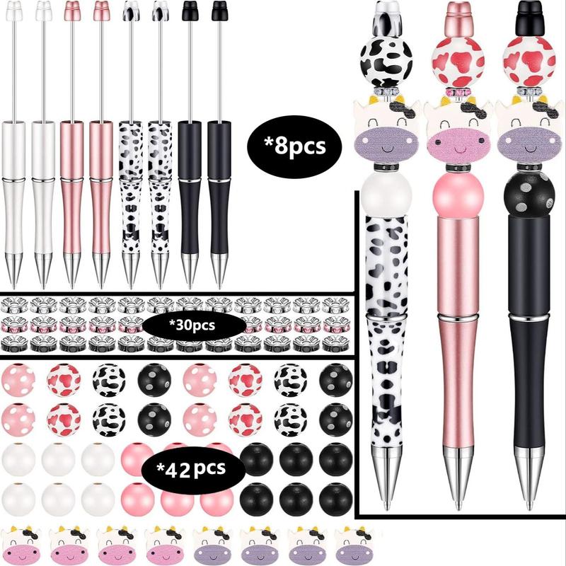 Cow Design Beading Pen Set, 80pcs set DIY Beading Pen Set, Including 8 Counts Beading Pen & 42pcs Wooden Beading & 30pcs Crystal Beading