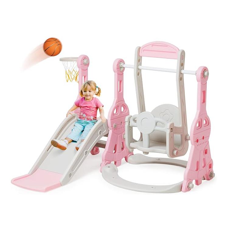 Toddler Slide and Swing Set 4 in 1 Baby Slide Climber Playse with Swing Slide Climber and Basketball Kids Slide and Swing Set Indoor Outdoor Backyard Baby Playground Toy for Toddlers (Pink Yellow Blue))