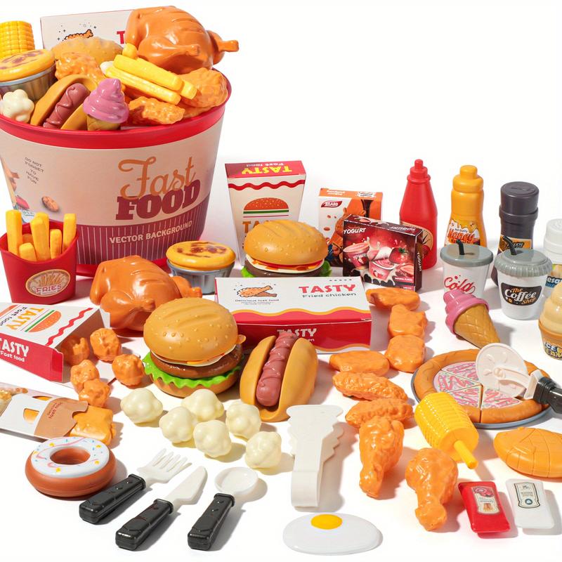 80 Pcs Simulated Food Toy Set, Fast Food Set With Storage Bucket, Food Set Such As Burgers, Pizza, Ice Cream, Play House Toy Set, Ideal For Halloween And Christmas