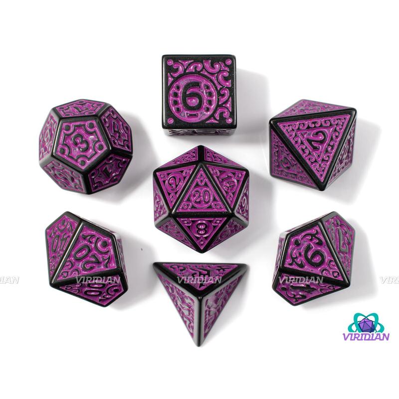 Magenta Flame | Black and Purple Ornate Design | Acrylic Dice Set (7)