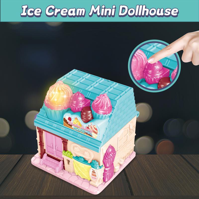 deAO Mini Doll House, Pocket World Dollhouse with Furniture and Accessories, Toys Houses Ice Cream Theme Dream House, Pretend Play House with 2 Dolls Toy Figures, Birthday Gift