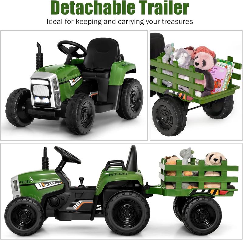 Black Friday-Ride on Tractor Excavator with Detachable Trailer, 6 12V Kids' Electric Vehicles w 3-Gear-Shift Ground Loader, Wireless Design & USB, 7 LED Headlights, Remote Control Tractor Toys for Kids 3+, Gift Idea