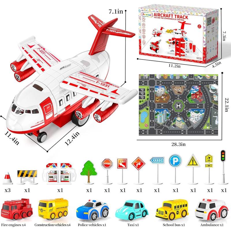 Transport Cargo Airplane Toys, Airplane Car Toy Play Set Includes Track, 12mini Play Vehicles, with Music and Light, which is Specially Designed Christmas Birthday Gift