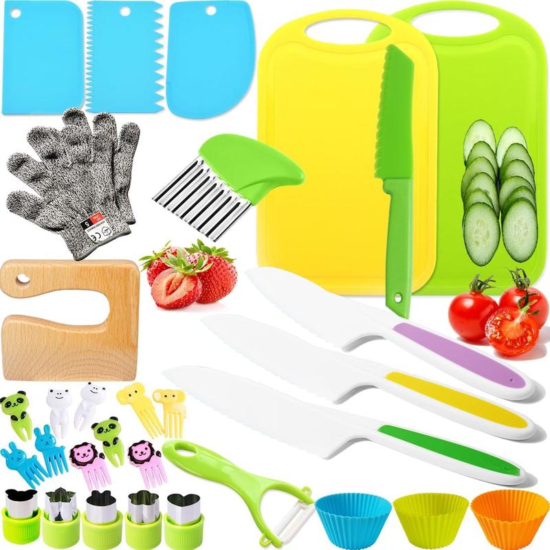 33 PCS Christmas Kids Cooking Sets Real, Kids Cutting Board and Knife Set, Kid Safe Knife Set