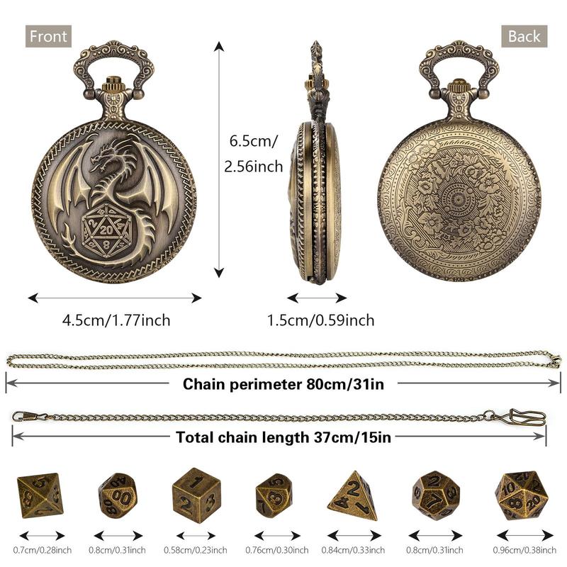 Dragon Pattern Pocket Watch & Dice Set, Including 1 Count Watch & 7 Counts Dice for Games, Role Playing Board Games Accessories