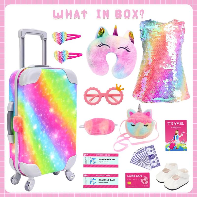 K.T. Fancy 23 Pcs American 18 Inch Doll Clothes and Accessories, Cute Doll Suitcase Set for 18 Inch Girl Doll Included Doll Sequined Dress, Sunglasses, Unicorn Bag, Shoes(No Doll)