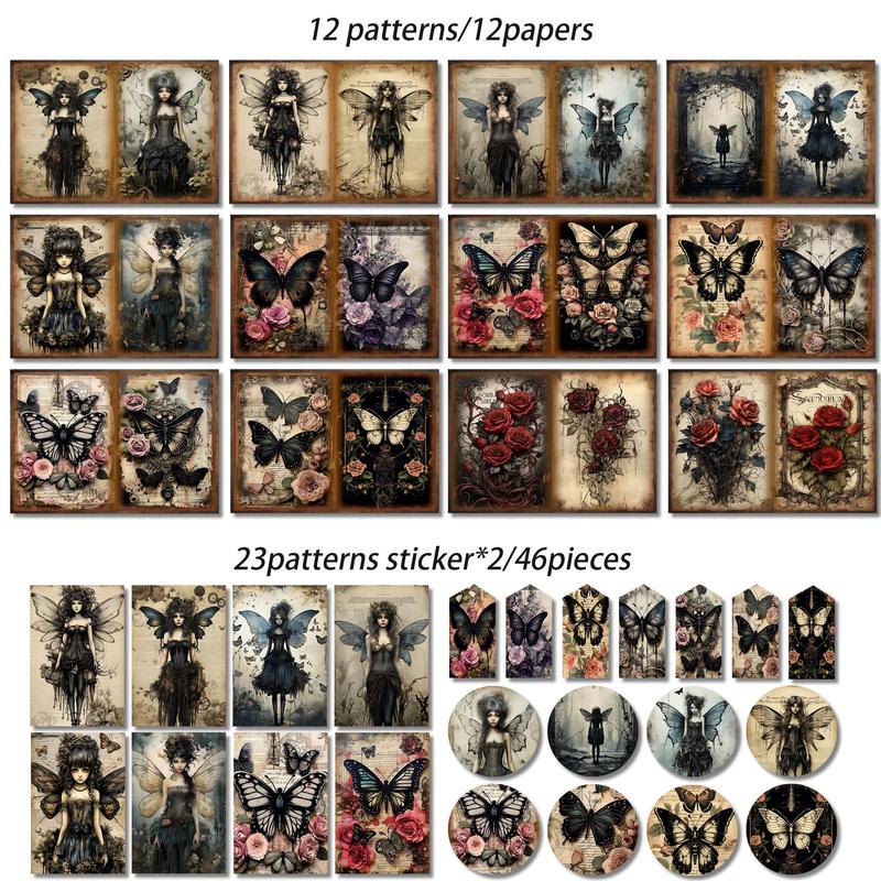 Gothic Butterfly Fairy Pattern Papers & Stickers Set, 58pcs set Including 12pcs Scrapbook Paper & 46pcs Sticker, Perfect for Mini Gift Packaging, Bullet Journaling, Arts Crafts, Scrapbooking Supplies