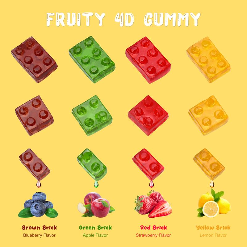 (12 Packs)Amos 4D Gummy Candy Blocks - Apple, Lemon, Blueberry, and Strawberry Flavors  - Set Candies Bonbon Strawberry Candies