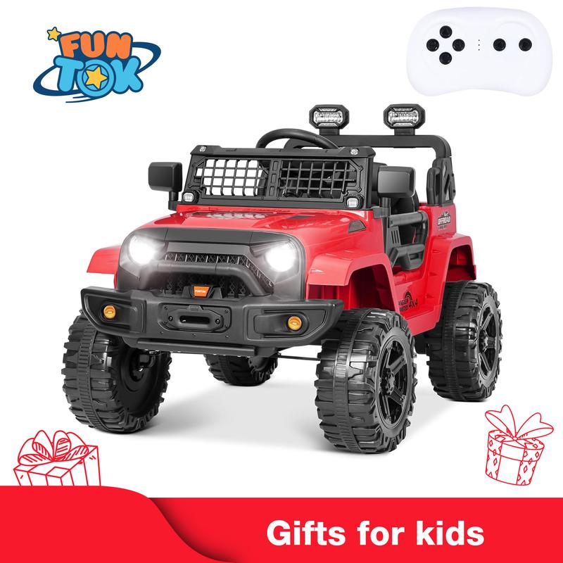 FUNTOK 12V Kids Electric Ride On Car Jeep with Remote Control 3 Speeds, LED Lights, Radio, AUX USB MP3 Music, Openable Doors & Suspension, Electric Car Vehicle for Toddlers & Kids